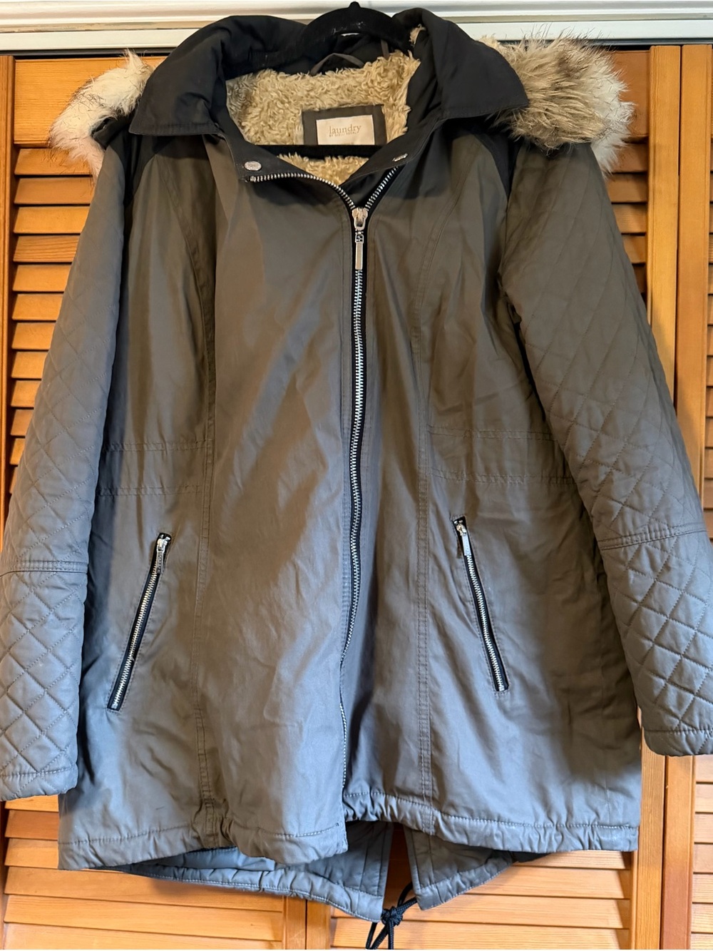 Laundry by Shelli Segal Olive Green Utility Parka Coat Detachable Fur Hood XL